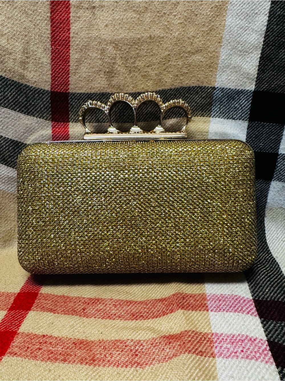 Gold Glitter and Rhinestones Knuckle-Handle Evening Clutch